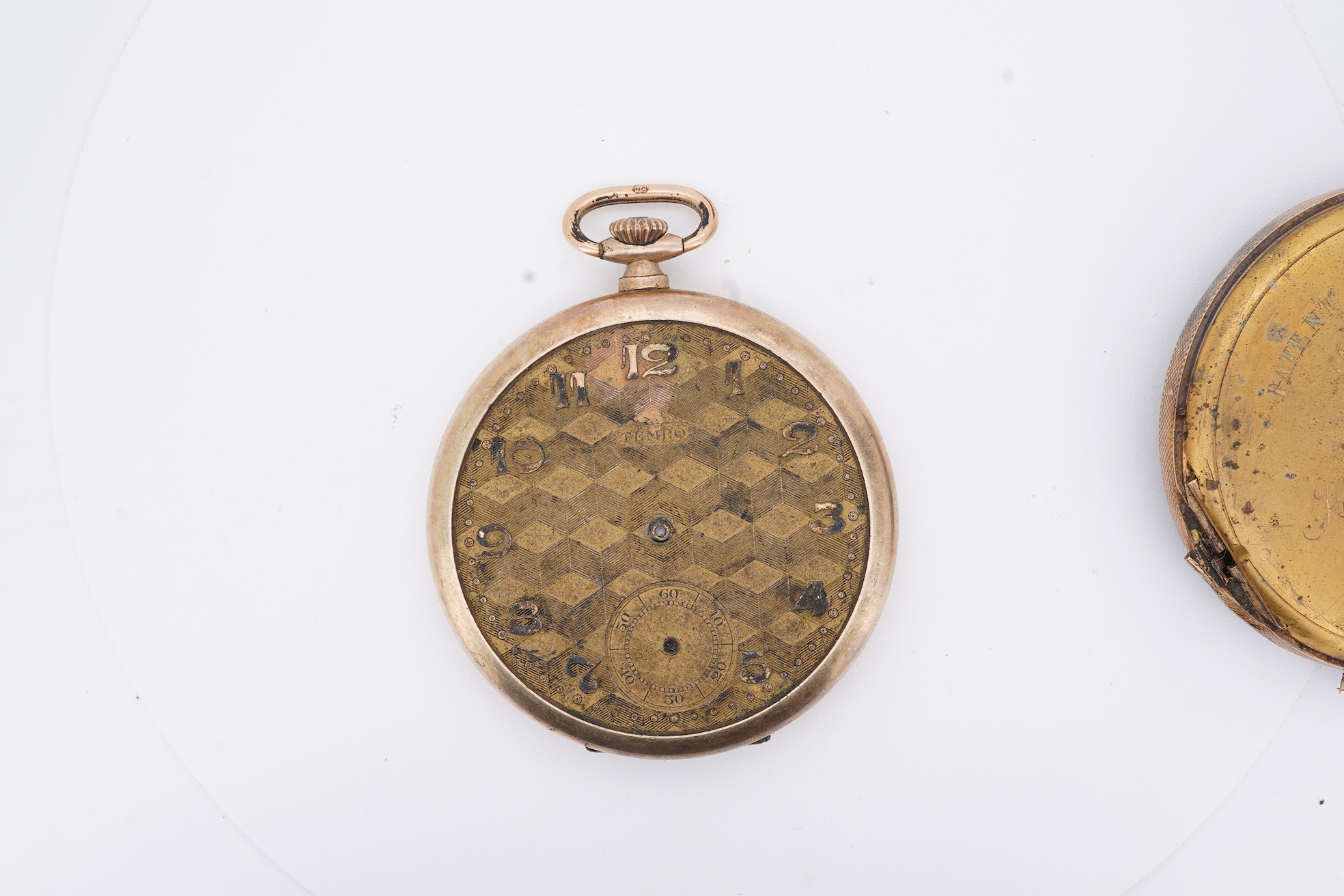 A damaged continental 18k lever pocket watch, together with a rolled gold pocket watch in similar condition.